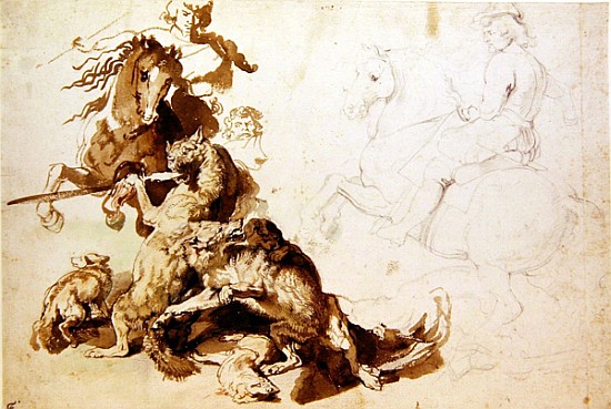 Sketch for a Wolf Hunt (pencil with w/c on paper) a Peter Paul Rubens