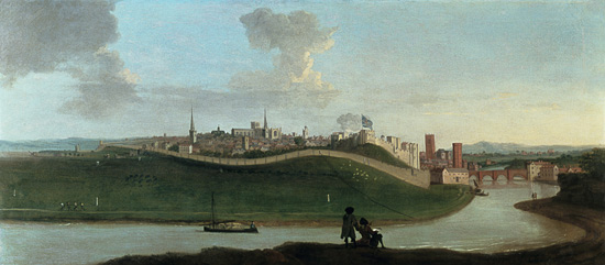 View of Chester, With Two Figures By The River In The Foreground a Peter Tillemans