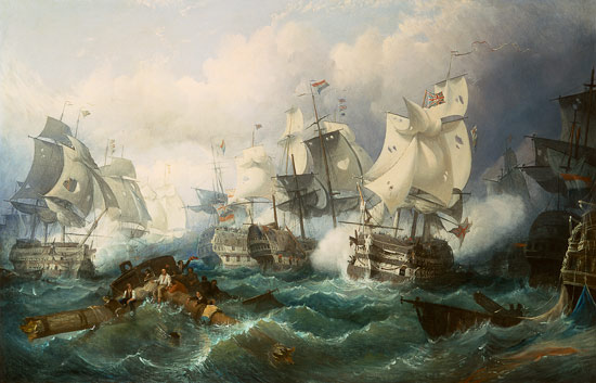 The naval battle of Trafalgar - Philip James (auch Jacques Phi riproduzione stampata o copia dipinta a mano e ad olio su tela
