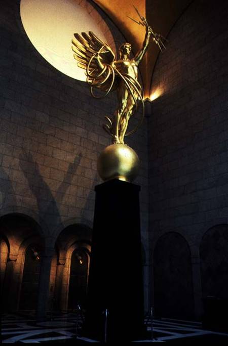 Foyer of the former AT & T Headquarters, with the 'Golden Boy' statue by Evelyn Lonworth representin a Philip  Johnson