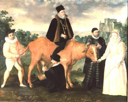 Portrait of Philip II (mounted on a cow), the Duke of Alencon, the Duke of Alba, William of Orange a a Philip Moro
