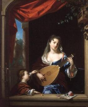 Elegant Lady Playing the Lute at a Window (panel)