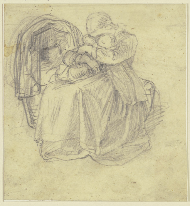 Ein Mädchen sitzt bei einer Wiege und hält mit beiden Armen umfaßt ein kleines Kind auf ihrem Schoß, a Philipp Rumpf
