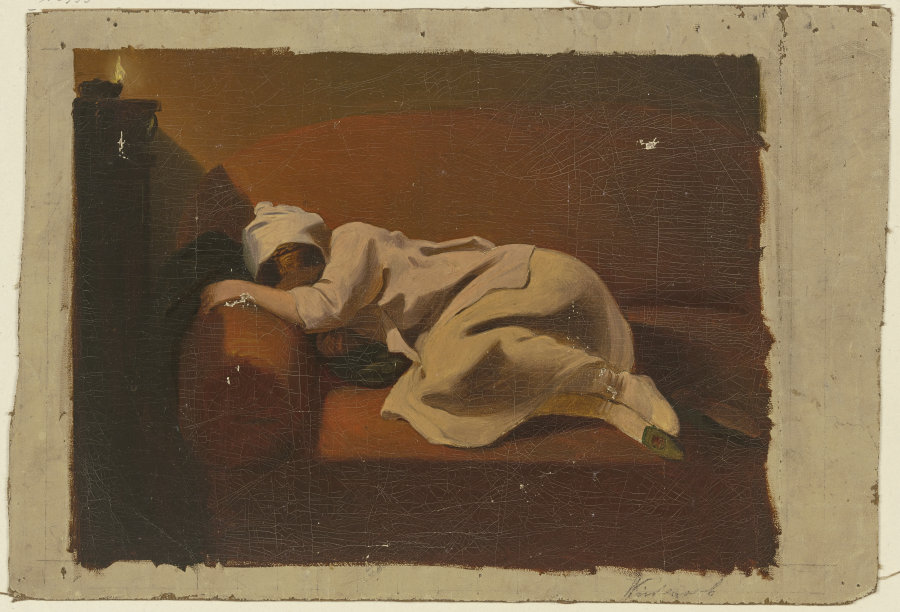 Schlafende Frau auf rotem Sofa a Philipp Winterwerb