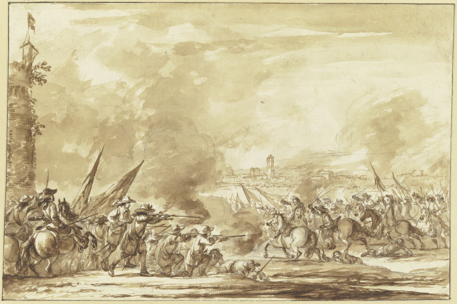 Reiterangriff auf Infanterie vor den Toren einer Stadt a Philippe-Jacques de Loutherbourg d. J.