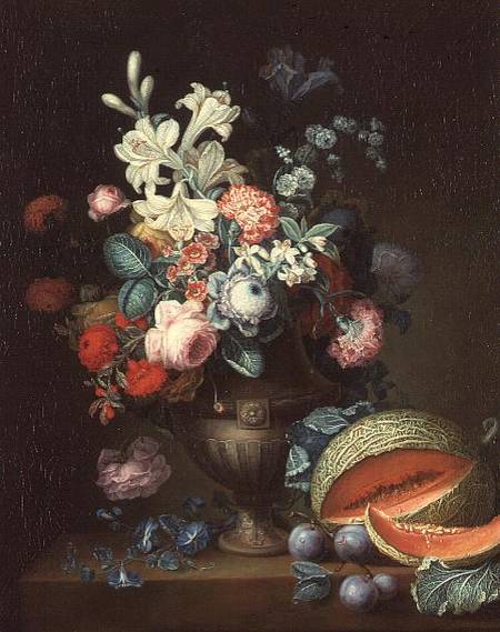 Still life of flowers in a classical vase with a bunch of grapes, 1768 (one of a pair a Philippe Parpette