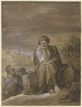 Marius auf den Trümmern Karthagos, der Feldherr sitzt auf einer gestürzten Säule, links erscheinen d