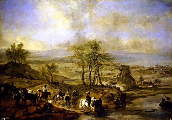 Departing for the hunt and fishing in the river a Philips Wouwermans or Wouwerman
