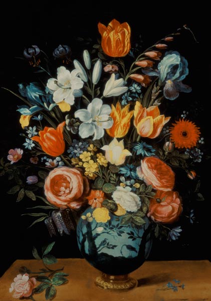 A Still Life of Flowers in a Porcelain Vase Resting on a Ledge a Phillipe de Marlier