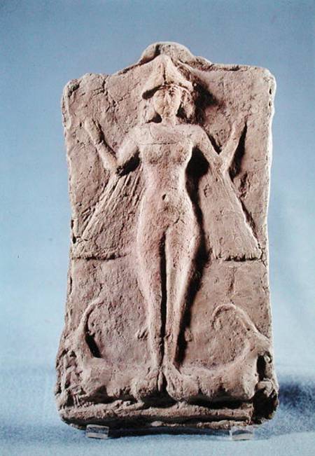 Plaque depicting a winged goddess, possibly Ishtar, standing on two ibexes, from Ras Shamra (Ugarit) a Phoenician