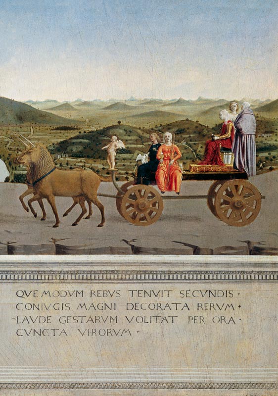 Von zwei Einhörnern gezog. Triumphwagen. Rückseite des Portraits von F.da Montef a Piero della Francesca