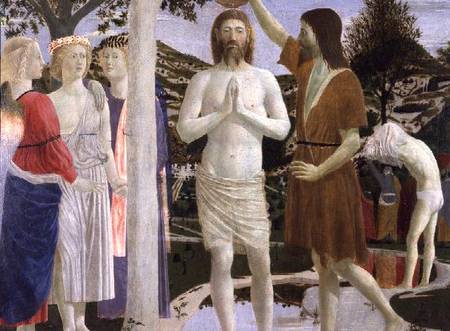 Baptism of Christ, detail of Christ, John the Baptist and angels a Piero della Francesca