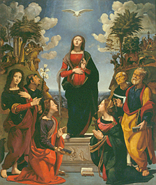 Mariae unbefleckte Empfängnis  umgeben von sechs Heiligen a Piero di Cosimo