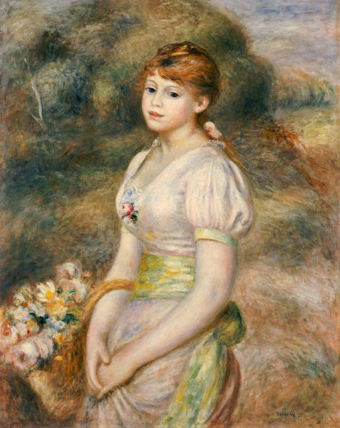 Young Girl With A Basket Of Flowers a Pierre-Auguste Renoir