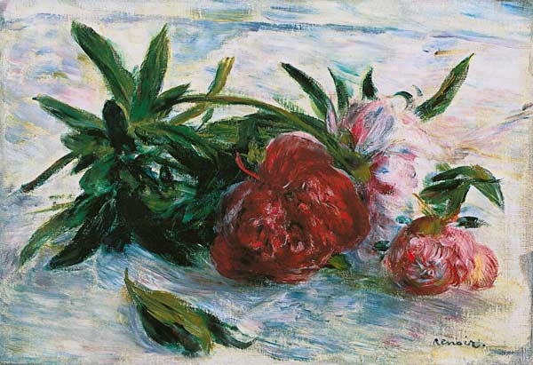Päonien on a white tablecloth a Pierre-Auguste Renoir