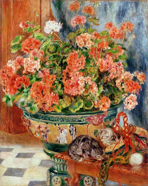 Geraniums and Cats a Pierre-Auguste Renoir