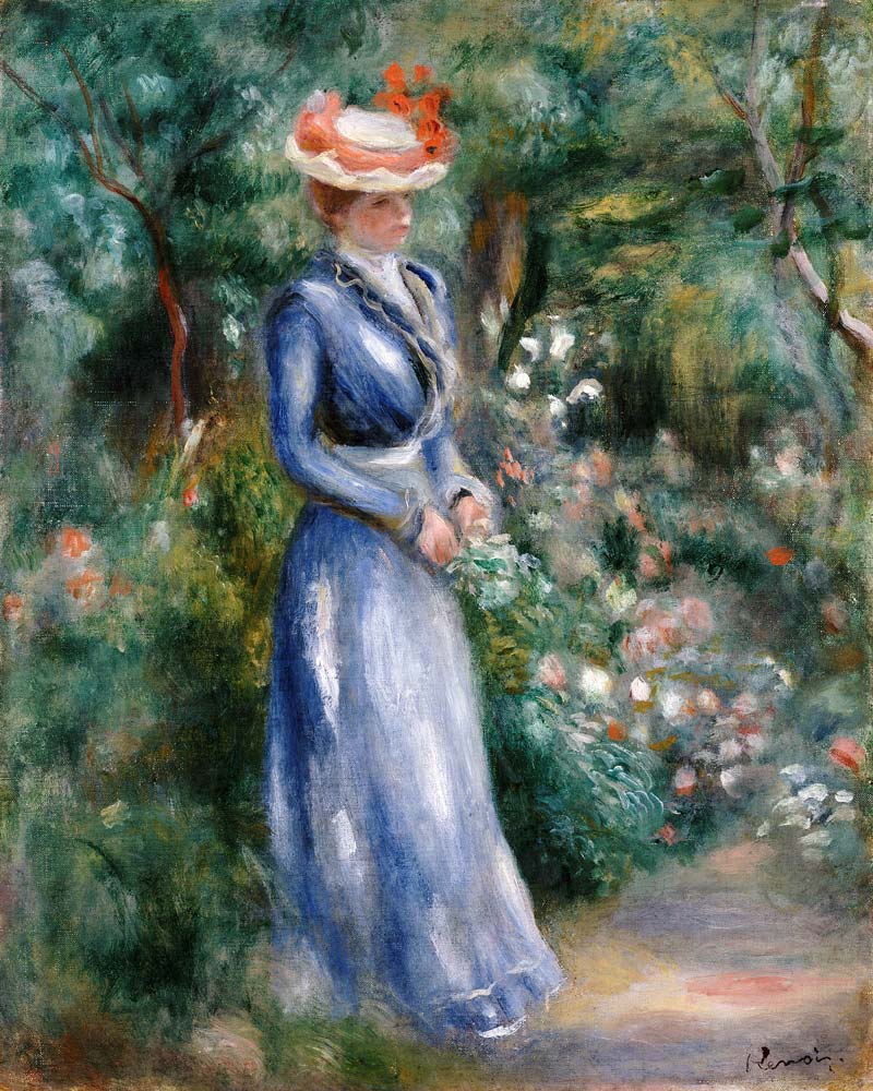 Woman In A  Blue Dress Standing In The Garden At Saint-Cloud a Pierre-Auguste Renoir