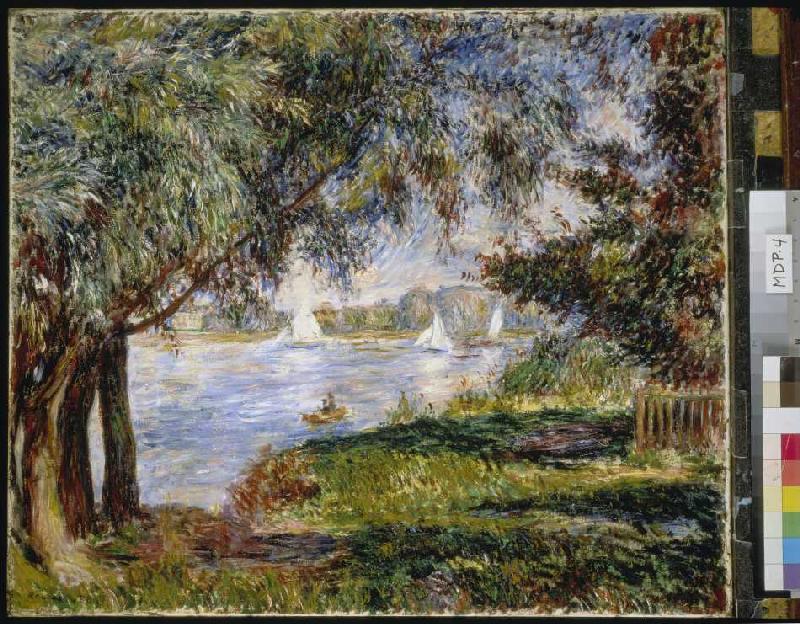 Look sailing boats through trees in Bougival a Pierre-Auguste Renoir