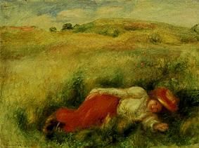 Young woman, meadow turns green lying in one. a Pierre-Auguste Renoir