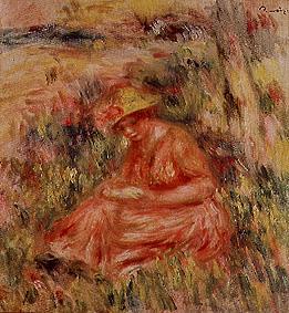 Young woman with hat in a reddish landscape. a Pierre-Auguste Renoir