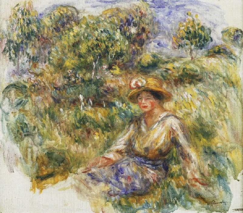 Frau mit blauem Hut auf einer Wiese (Femme en bleu en chapeau assise sur l'herbe) a Pierre-Auguste Renoir