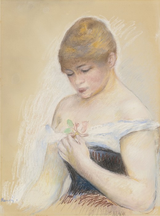 Young Woman Holding A Flower. Portrait of the actress Jeanne Samary a Pierre-Auguste Renoir