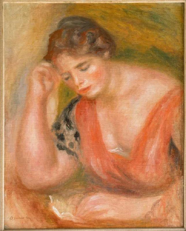 Reading young woman in red dress. a Pierre-Auguste Renoir