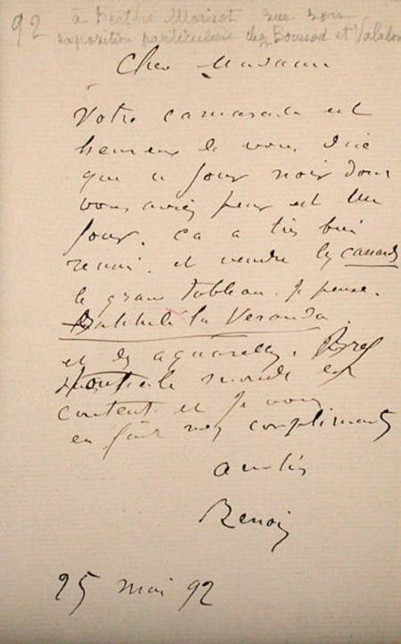 Letter from Renoir to Berthe Morisot (1841-95) regarding her first exhibition a Pierre-Auguste Renoir