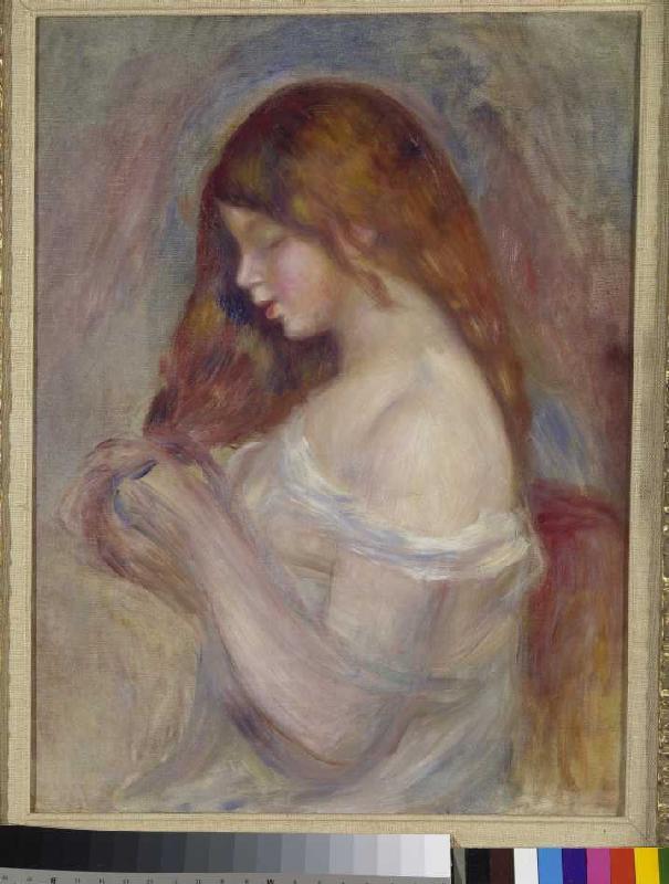 Girl, playing with his hair. a Pierre-Auguste Renoir