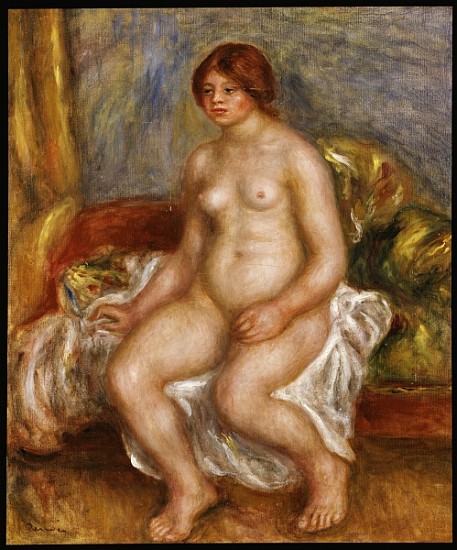 Nude woman on green cushions a Pierre-Auguste Renoir