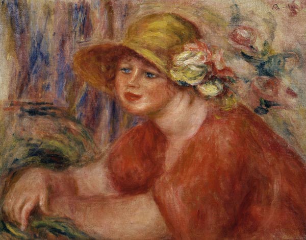 Portrait of a woman in a hat decorated with flowers a Pierre-Auguste Renoir