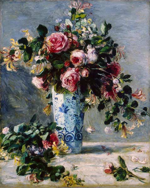 Roses and Jasmine in a Delft Vase a Pierre-Auguste Renoir