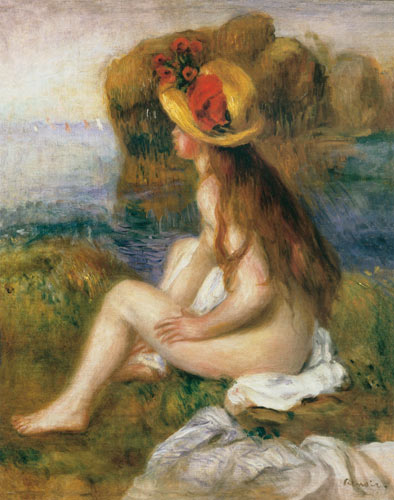 Seated female bather in a straw hat a Pierre-Auguste Renoir