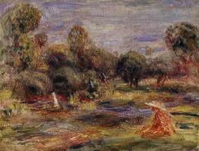Donna seduta su una sponda a cagnes nel 1907 circa a Pierre-Auguste Renoir