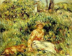 Girl with dog in front of a blossoming hedge