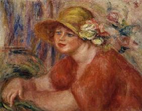 Portrait of a woman in a hat decorated with flowers