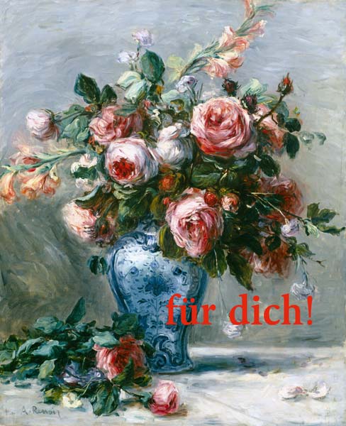 Vase mit Rosen mit Worten a Pierre-Auguste Renoir