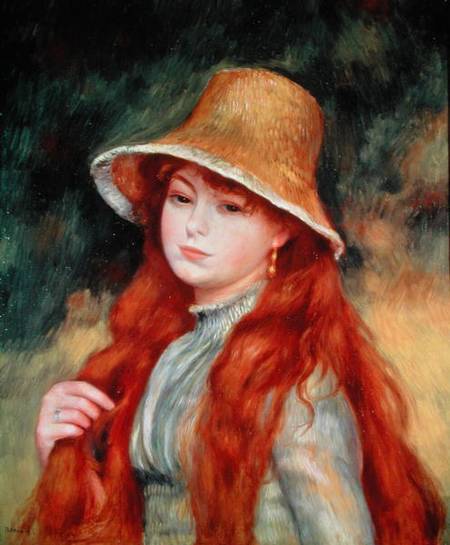 Young girl with long hair, or Young girl in a straw hat a Pierre-Auguste Renoir