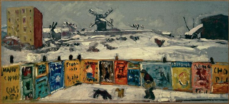 Bauzaun, mit Plakaten beklebt, und die alten Mühlen am Montmartre im Schnee a Pierre Bonnard