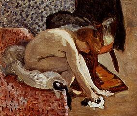 Young woman, shoes putting on. a Pierre Bonnard