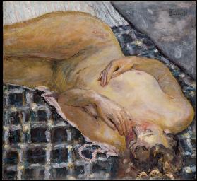 Reclining Nude against a White and Blue Plaid