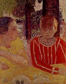 Pure Natanson and Marthe Bonnard in a red dress.
