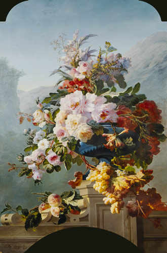 Roses and other flowers in a blue vessel. a Pierre Bourgogne
