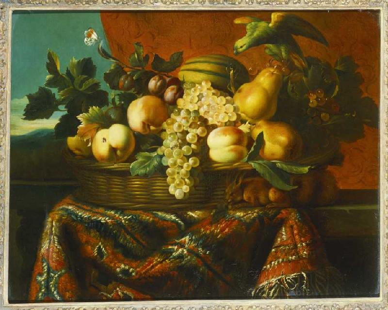 Stillleben mit Pfirsichen, Pflaumen und einer Melone. a Pierre Dupuis