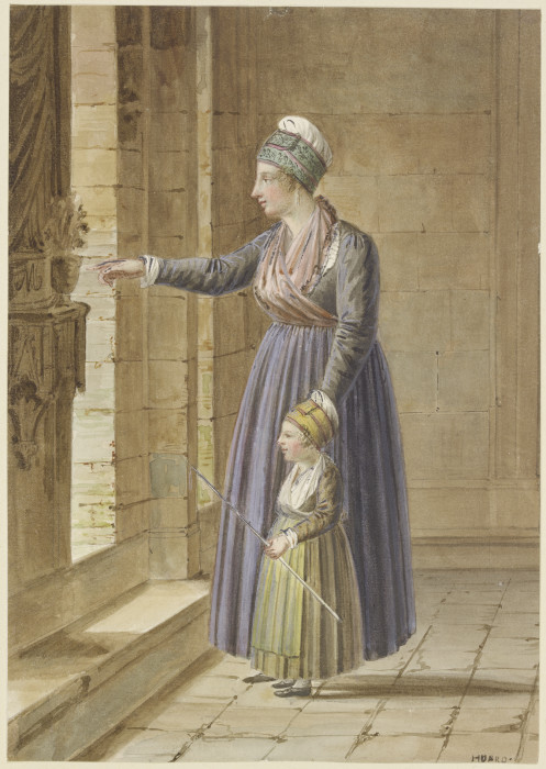 Junge Frau mit ihrer Tochter in provençalischer Tracht an einem Kirchenfenster a Pierre Huard