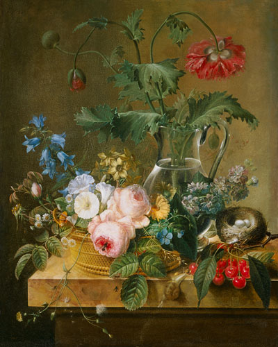 Roses, anemones in a glass vase, other flowers, cherries and bird's nest a Pierre Joseph Redouté