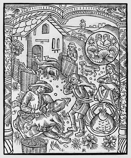 June, sheep shearing, Gemini, illustration from the ''Almanach des Bergers'', 1491 (xylograph) a Pierre Le Rouge