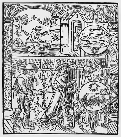 March, fishing and pruning trees, Pisces, illustration from the ''Almanach des Bergers'', 1491 (xylo a Pierre Le Rouge