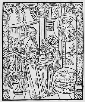 February, interior scene, Aquarius, illustration from the ''Almanach des Bergers'', 1491 (xylograph)