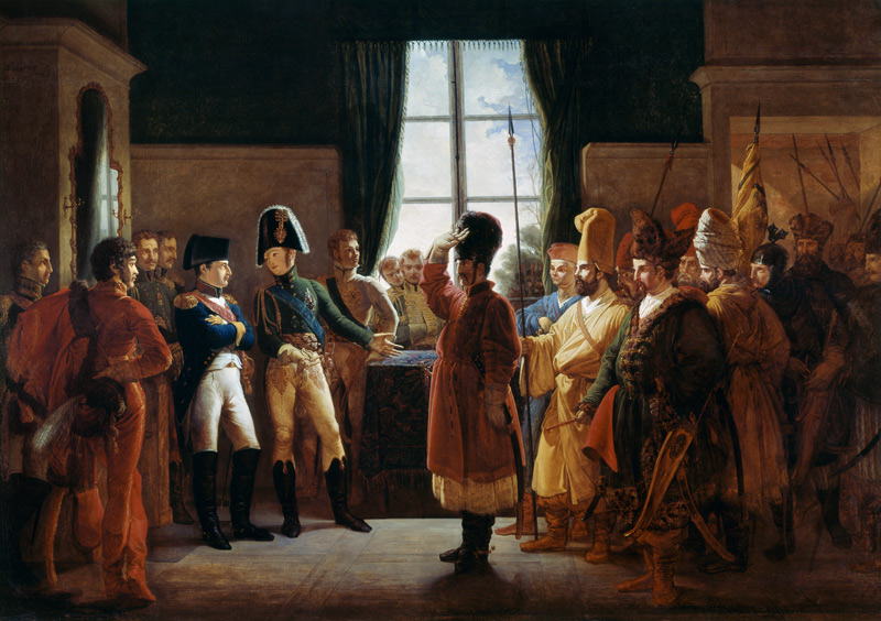 Tsar Alexander I presenting the Kalmyks, Cossacks and Bashkirs of Russian army to Napoleon I, Tilsit a Pierre-Nolasque Bergeret